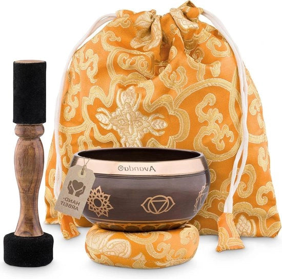 Set di campane tibetane per chakra per yoga, meditazione e relax - campana a mano dipinta - 10 cm - martelletto doppio - velluto e pelle - cuscino con anello - borsa - istruzioni.