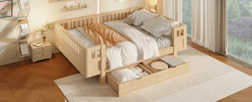 Letto a piattaforma 140x200 cm con sponde alte e due ampi cassetti, colore legno