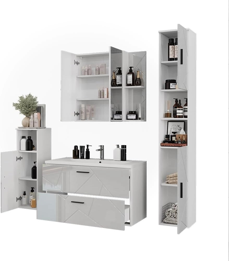 Set di mobili da bagno Irma, Bianco/bianco lucido, 100 cm, composto da mobile sottolavabo, lavabo, pensile, colonna e mobile medio