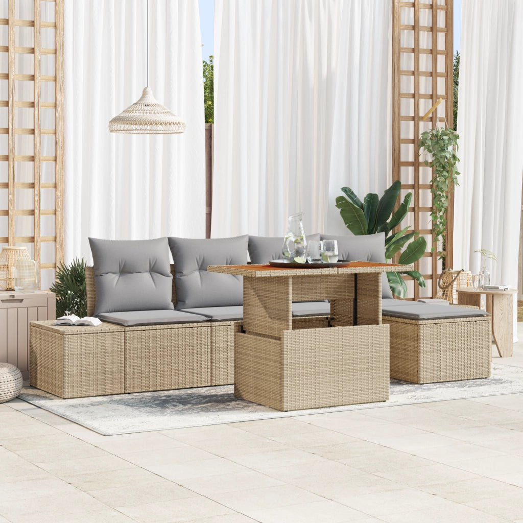 Set da Pranzo Giardino 6 Pezzi con Cuscini Beige Polyrattan Acacia