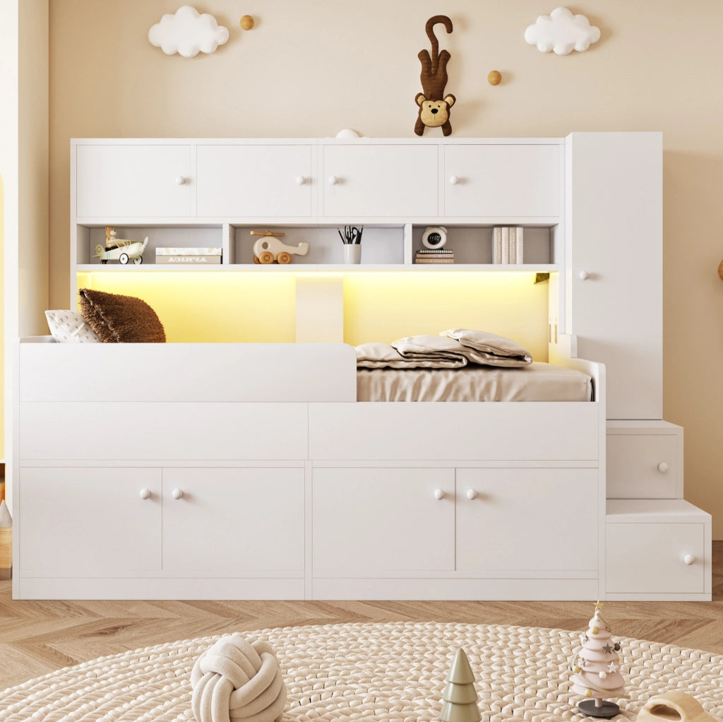 Letto per bambini 90x200 cm con contenitore; scala e LED; legno; bianco