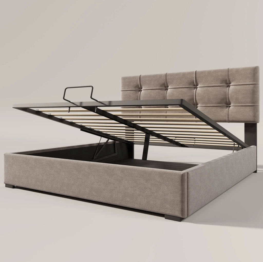 Letto matrimoniale imbottito 140x200 cm in velluto grigio chiaro con contenitore e testiera regolabile