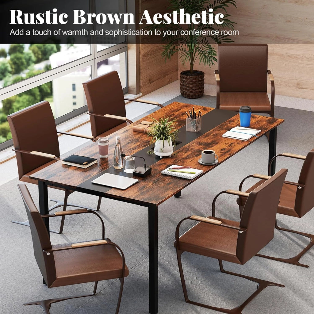 Tavolo da conferenza, 180 x 90 cm, con foro cavo, gambe in metallo, extra lungo, per sala riunioni, sala riunioni, marrone rustico, per 8-10 persone