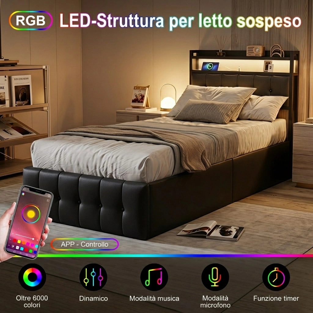 Letto singolo 90x200 cm con contenitore LED USB testiera struttura letto MDF e PU - nero