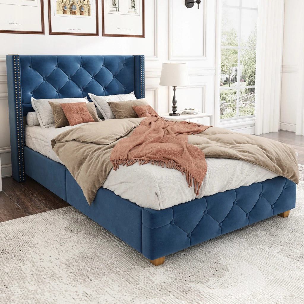 Letto 90x200 cm - Xylo - Velluto, rivetti, gambe in legno, blu