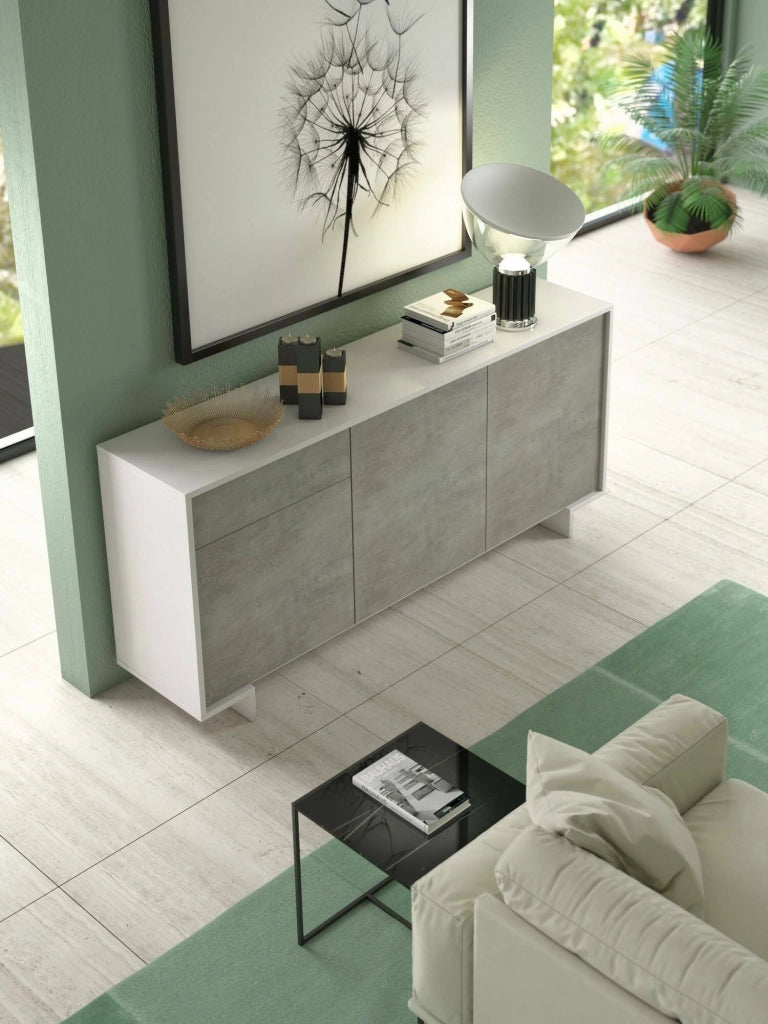 Credenza Aronne, Madia da salotto, Buffet da soggiorno a 3 ante e 1 cassetto, 100% Made in Italy, 170x42h78 cm, Bianco e Cemento