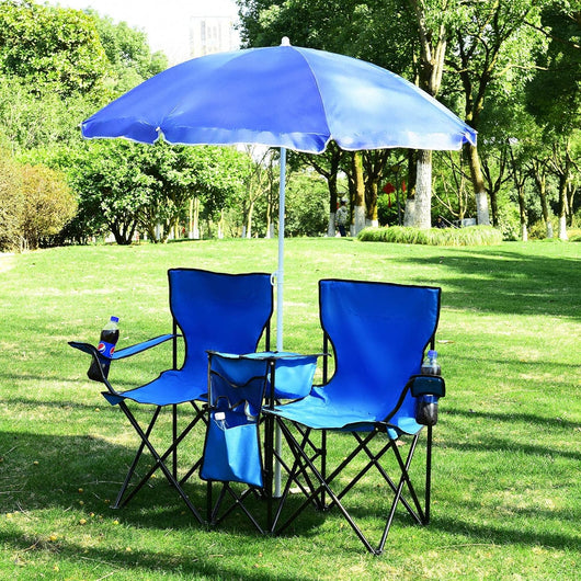 2 Sedie da Campeggio con Ombrellone, Pieghevole Doppia Sedia da Pesca con Portabicchieri e Borsa Frigo, Sedia Pieghevole per 2 Persone, 5 Colori (Blu)