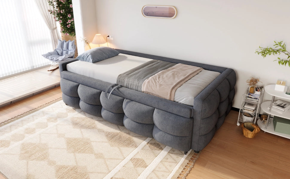 DESMIU Lit estraibile 90/180 × 190 cm 2 posti con schienale, senza materasso, in teddy, grigio