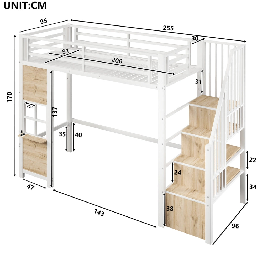 Letto a soppalco 90x200 cm in MDF e metallo; bianco; con scala contenitore e area gioco