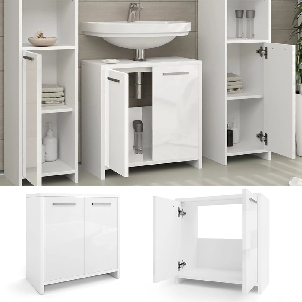 Mobile sottolavabo per bagno Kiko, Bianco lucido/bianco, 58 x 60 cm, con ritaglio per sifone e spazio di stoccaggio per l’organizzazione del bagno