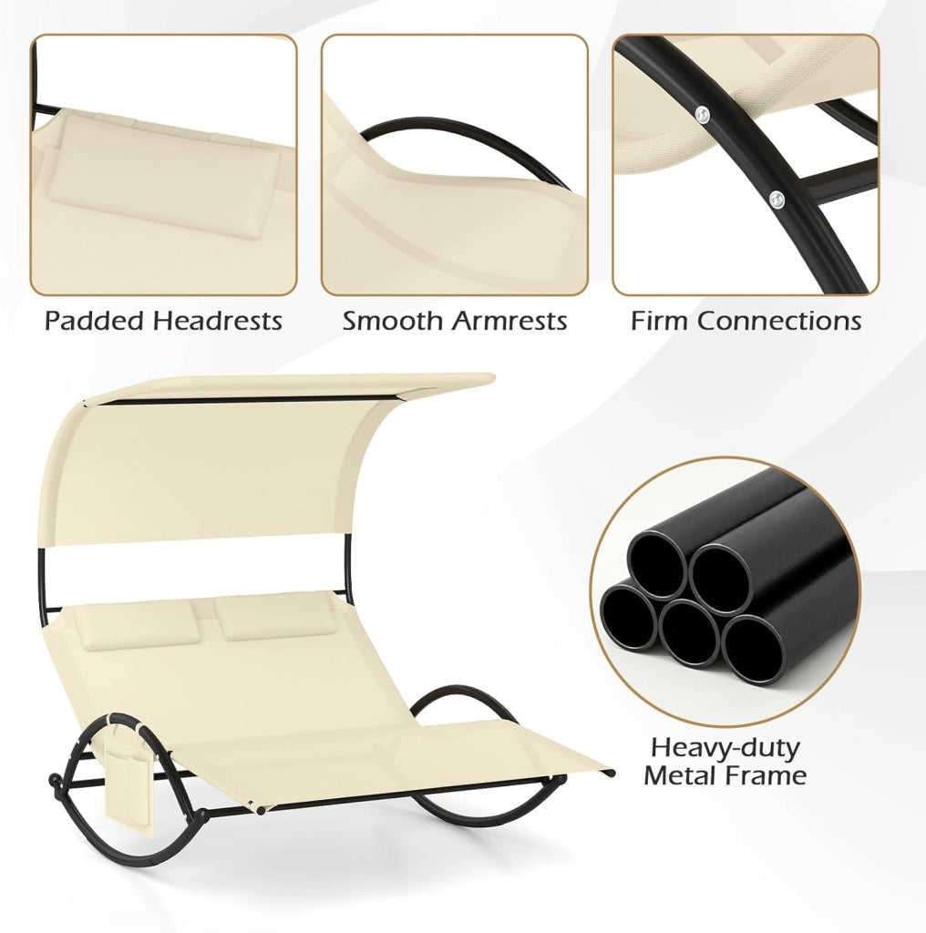 Poltrona a Dondolo Doppia, Lettino a Dondolo con Tettoia, Cuscini Poggiatesta, Braccioli e Struttura in Metallo, Lettino a Dondolo per Patio, Cortile, Bordo Piscina (Beige)