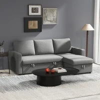 Divano Letto 3 Posti e Penisola con Contenitore, Rivestimento Tessuto Effetto Lino, 211.5x146x85cm