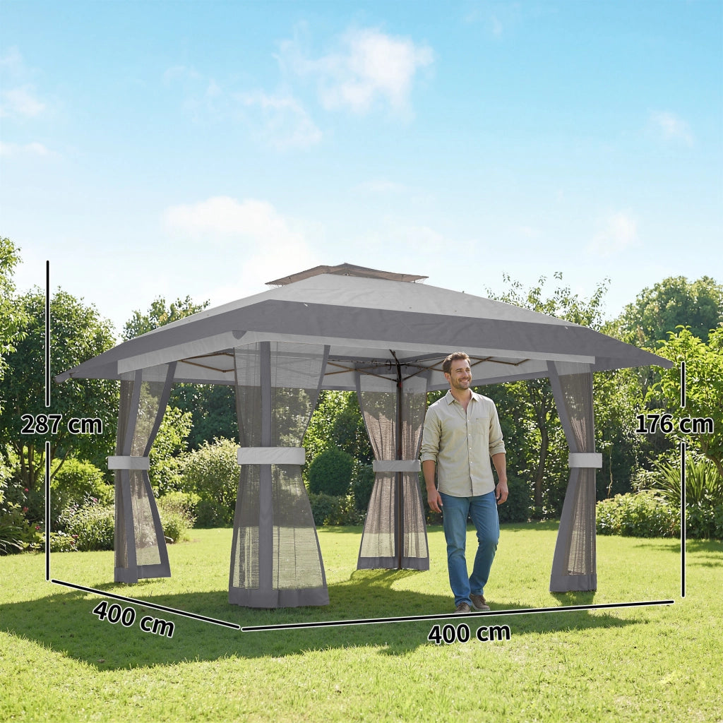 Gazebo Pieghevole 4x4m Pop-up ¨C Xylo ¨C Doppio Tetto con Laterali Rete Mesh Grigio UPF30+