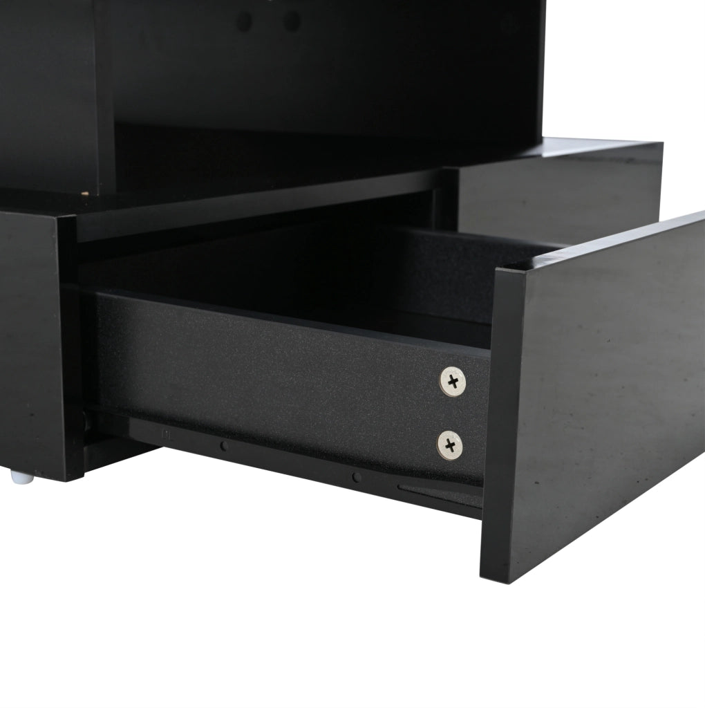 Tavolino da salotto nero 80x80 cm con piano elevabile, LED e 2 cassetti