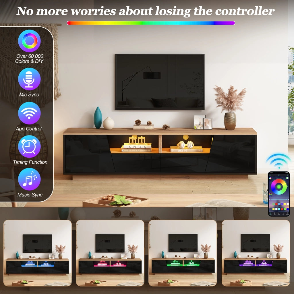Mobile TV con LED controllabile da app 2 ante 2 cassetti frontale lucido nero e legno 180 × 40 × 46 cm