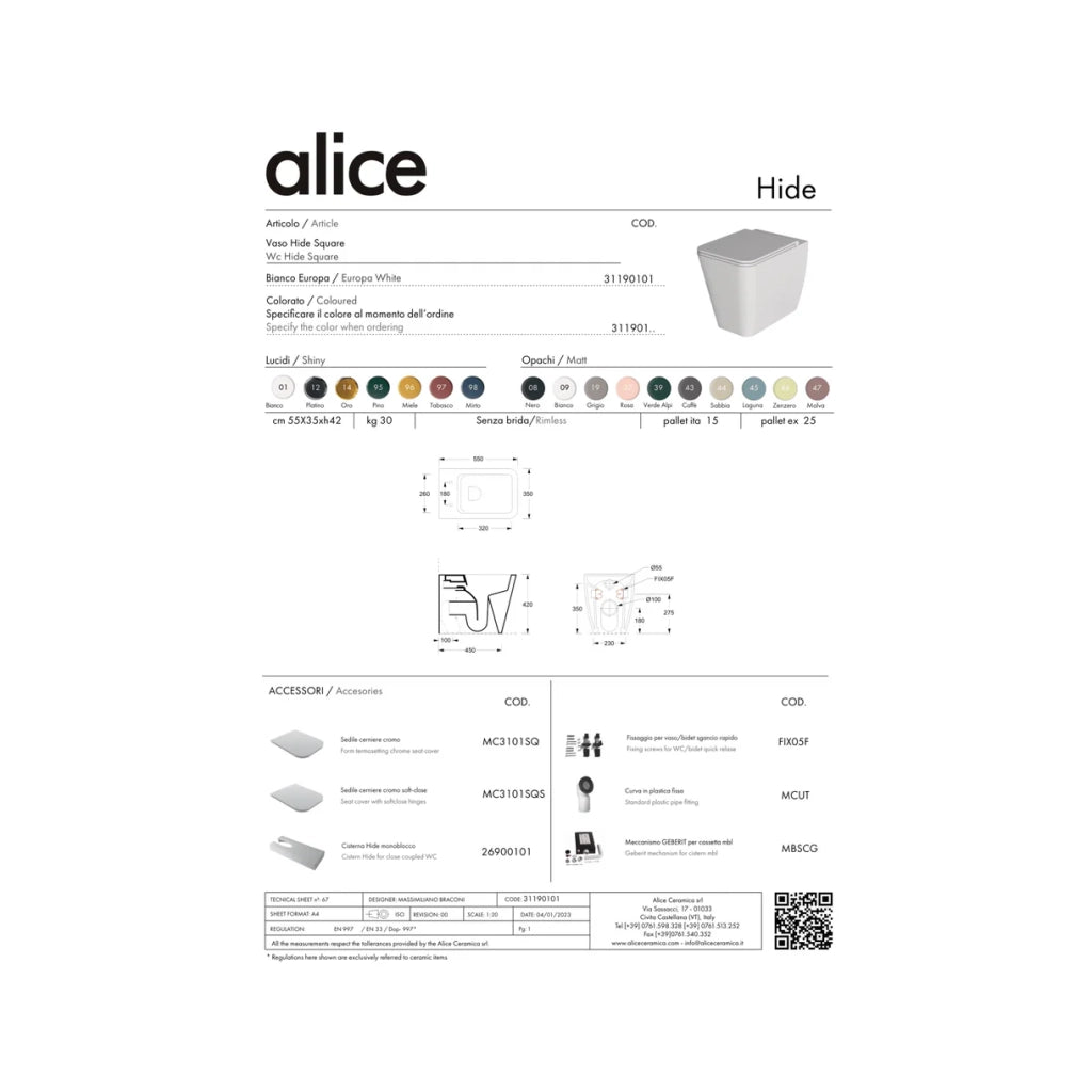 Coppia Di Sanitari Alice Ceramica Da Terra Filo Muro Senza Brida Bianco Opaco "Hide Square"