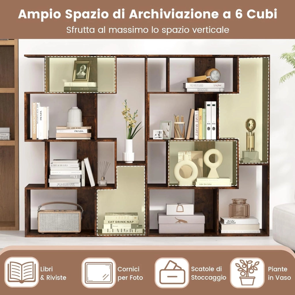 Libreria Geometrica Aperta, Scaffale a 6 Cubi con Kit Anti-Ribaltamento, Mensola Espositiva per Camera da Letto Studio Soggiorno, 80 x 30 x 119 cm (Marrone)