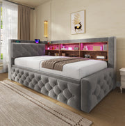 Divano letto 90x190 cm estraibile con LED; USB e Type-C in velluto grigio scuro
