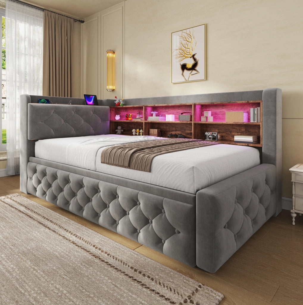 Divano letto 90x190 cm estraibile con LED; USB e Type-C in velluto grigio scuro