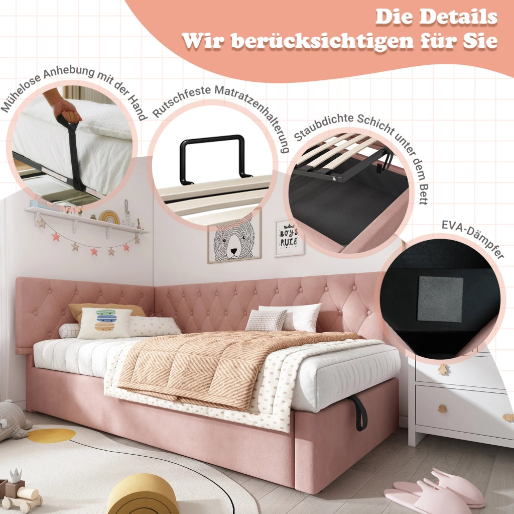 Letto imbottito 90x200 cm con contenitore idraulico; velluto rosa; senza materasso