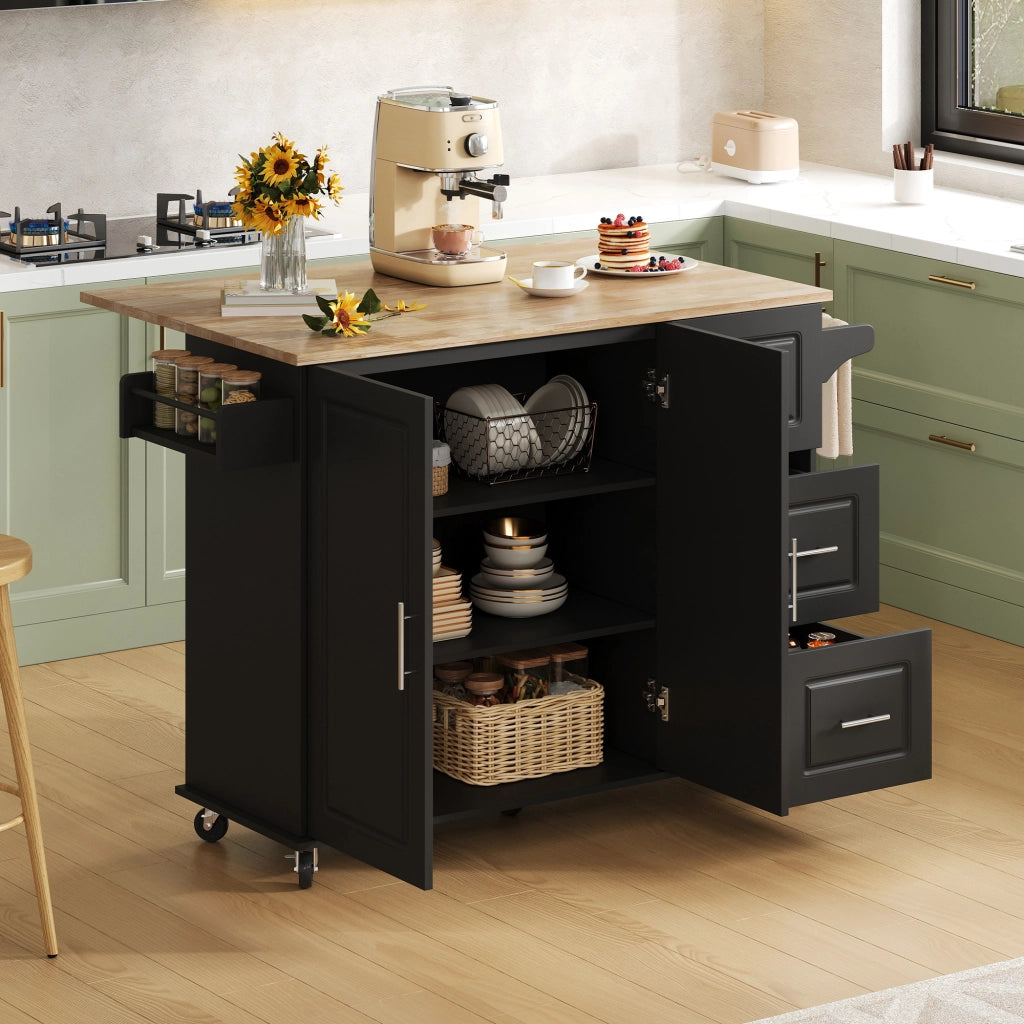 Isola da cucina mobile pieghevole con piano in effetto rovere, 3 cassetti, armadio a 2 ante e porta asciugamani, nero
