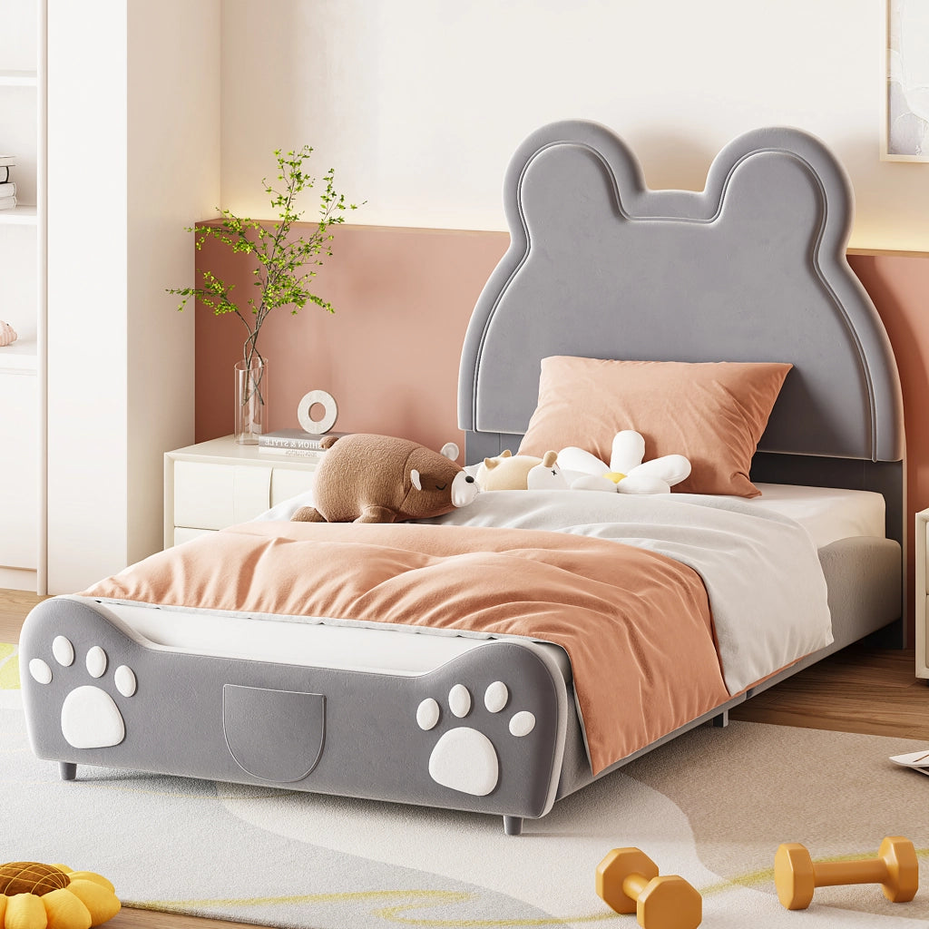 OKWISH Letto Bambino 90×200 cm, Letto Singolo con Testiera a Forma di Orso e Rivestimento in Velluto, senza Materasso, Grigio