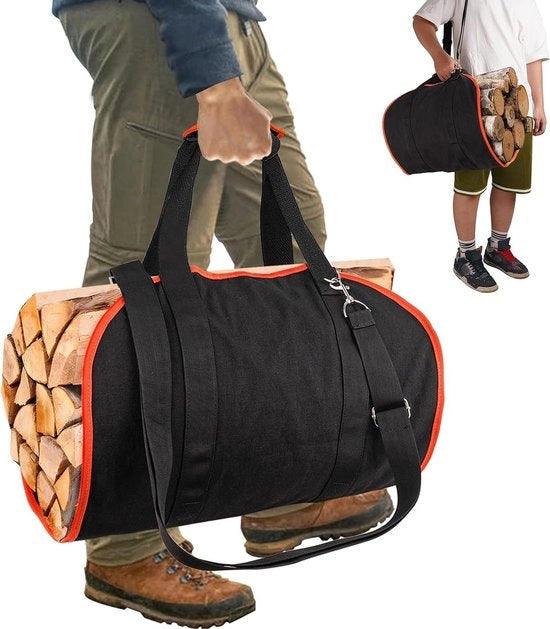 Porta legna in legno per interni ed esterni - borsa per legna in legno - borsa a tela per legna da camino, viaggio, campeggio, fuoco di campo - viaggiare