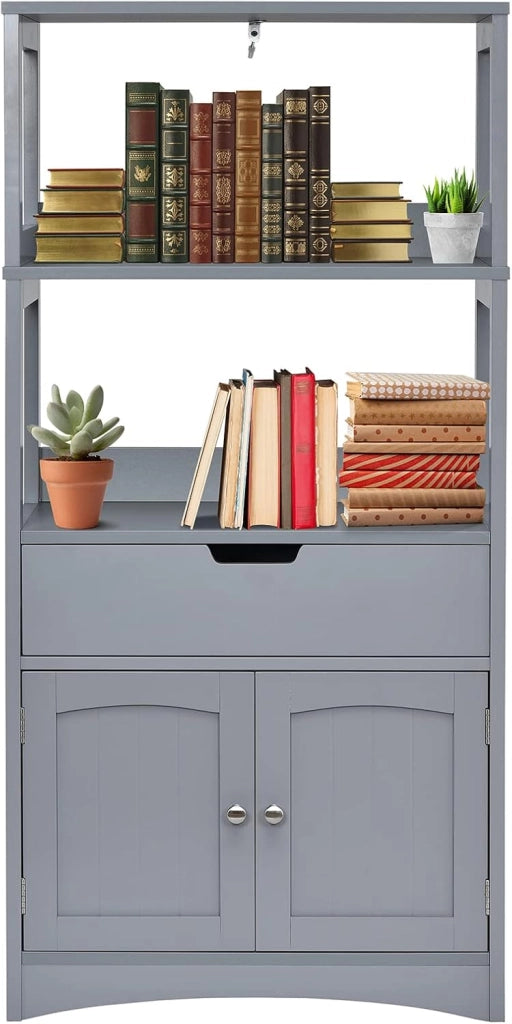 Mobile portaoggetti con ripiano a 3 livelli, armadio alto in legno, dispositivo antiribaltamento, cassetto e armadio a 2 ante, armadio moderno, 60 x 32,5 x 122 cm (grigio)