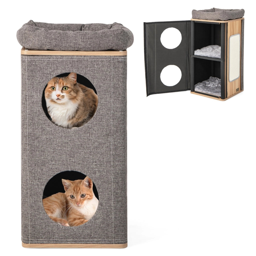 Casetta per gatti a 3 piani con tiragraffi 2 scomparti coperti cuccia 3 materassini, Casa gatti moderna Grigio-Lettini e divanetti