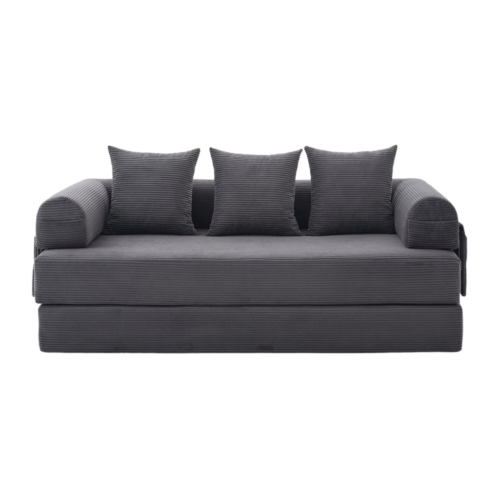 Divano modulare 200x94x67 cm con tasca laterale e 3 cuscini in corduroy grigio scuro