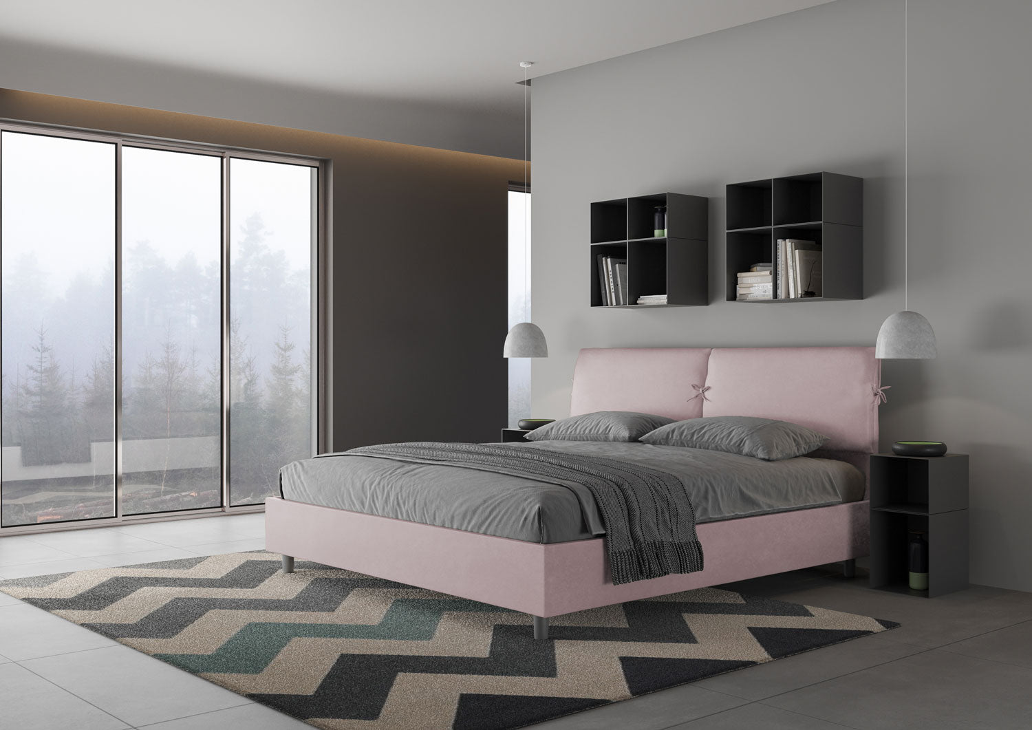 Letto Matrimoniale King Size 180x210 cm Senza Rete Testata con Cuscini Imbottito in Microfibra Mados Glicine