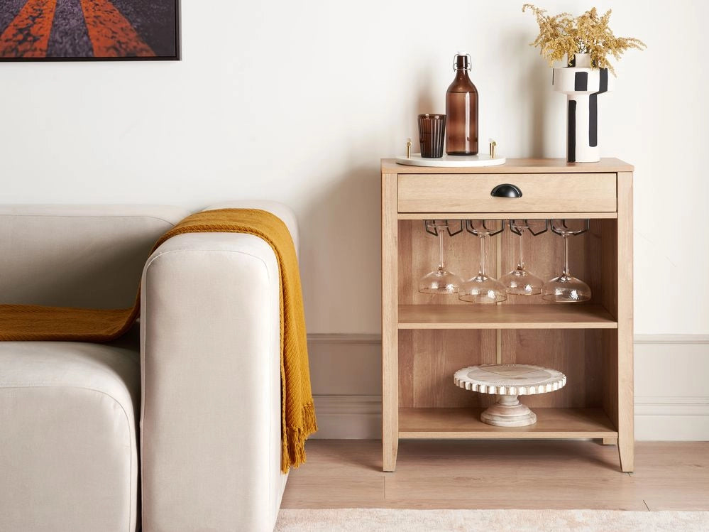 Credenza con cassetto 2 ripiani e porta bicchieri in vetro legno chiaro stile moderno soggiorno