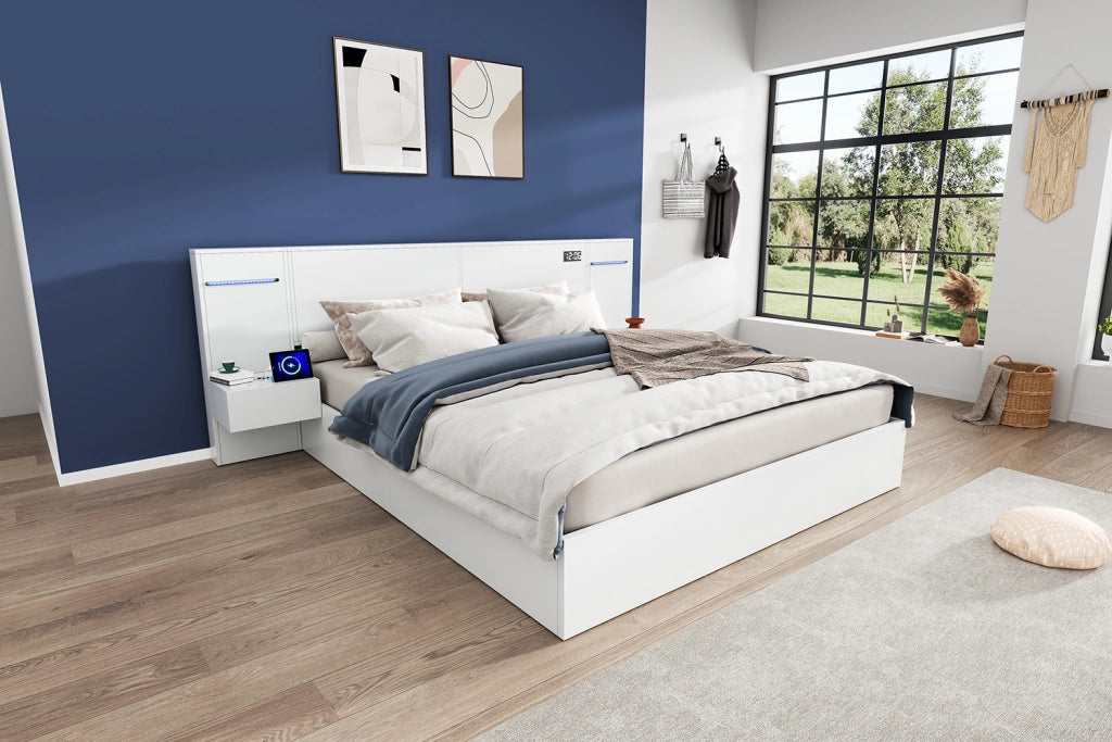 DESMIU Letto matrimoniale 180 × 200 cm e 160 × 200 cm con USB-A, USB-C, Bluetooth e orologio, senza materasso