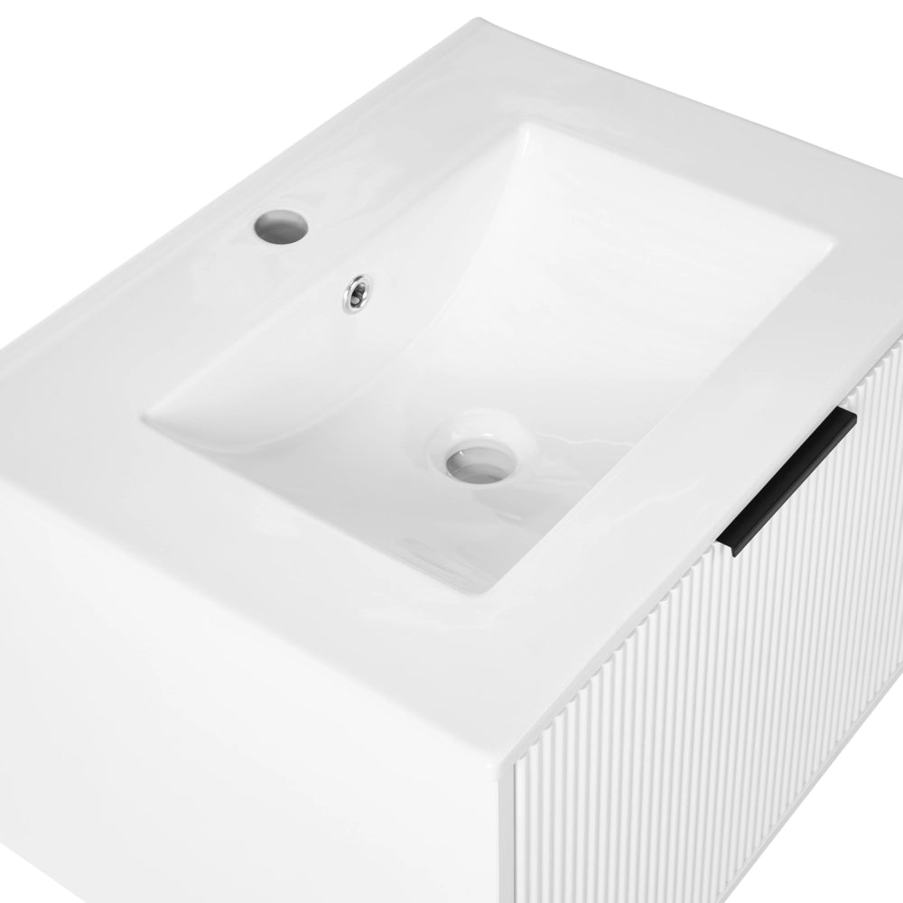 Mobiletto a muro con lavabo in legno massiccio Bianco con maniglia nera per il bagno 60 cm stile moderno