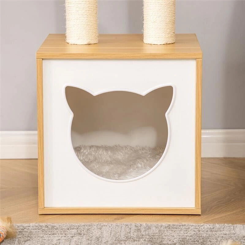 CASETTA PER GATTI CON PALI TIRAGRAFFI IN SISAL, CUSCINI LAVABILI E PALLINA, 35X35X81CM, QUERCIA