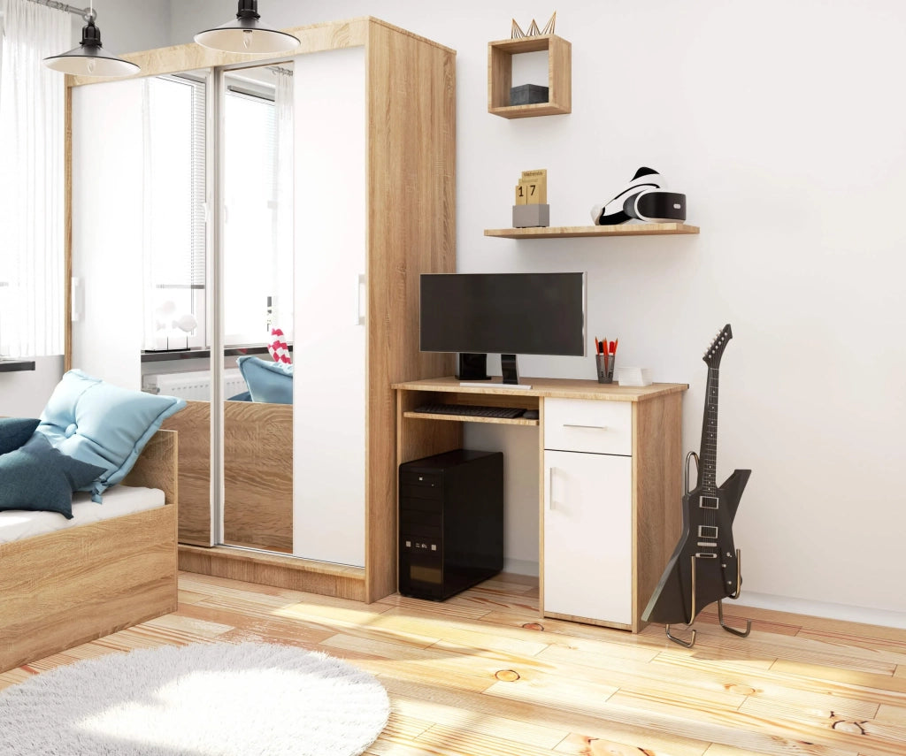 Scrivania AKORD PIN Sonoma Quercia 90 cm 1 anta 1 cassetto inserto frontale Bianco 90x50x74 cm