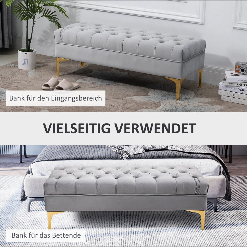 Panca da letto imbottita in velluto con seduta capitonné e gambe dorate in legno grigio chiaro 118 × 45 × 42 cm
