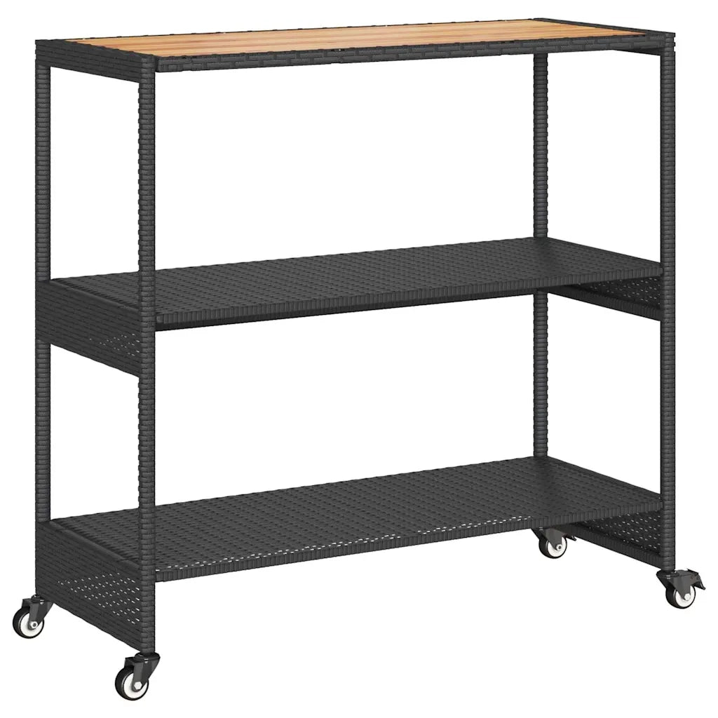 Carrello da Bar 3 Livelli Nero in Polyrattan e Legno Acacia CFW5074030