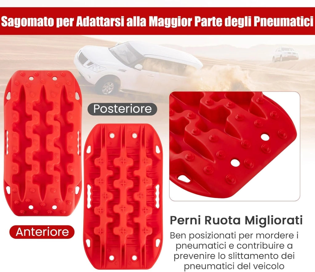 Tappetino di Trazione 2 Pezzi, Carico 10T, Piastre di Trazione per SUV Camper Auto Camion, Tavola di Recupero per Piste Offroad, per Sabbia, Neve, Fango (Rosso, 58 x 31 x 6 cm)