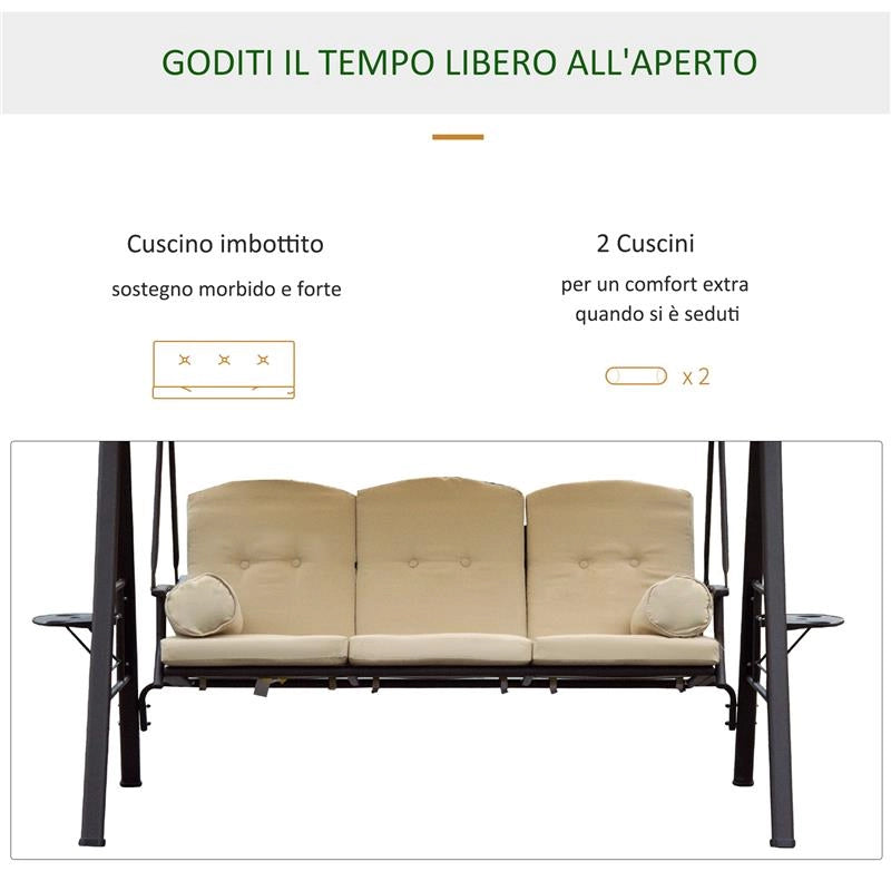 DONDOLO DA GIARDINO 3 POSTI CON TETTO INCLINABILE E CUSCINI IMBOTTITI