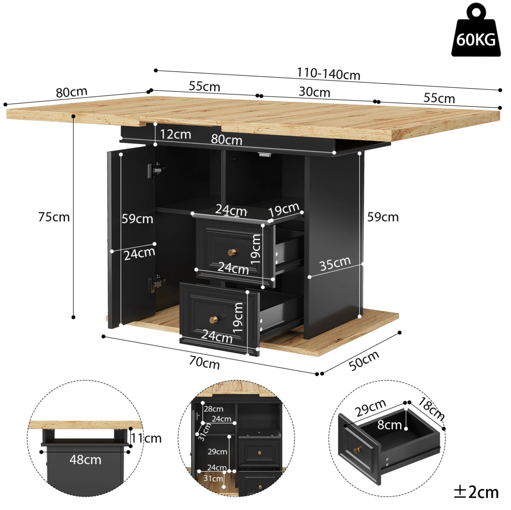 Tavolo da pranzo allungabile 110-140x80x75 cm; MDF e metallo; colore legno naturale