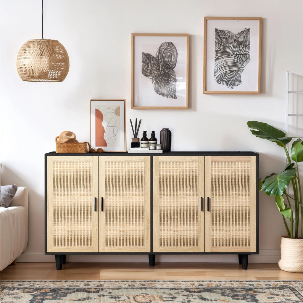 Credenza con 4 ante in rattan 158 x 40 x 88 cm nera