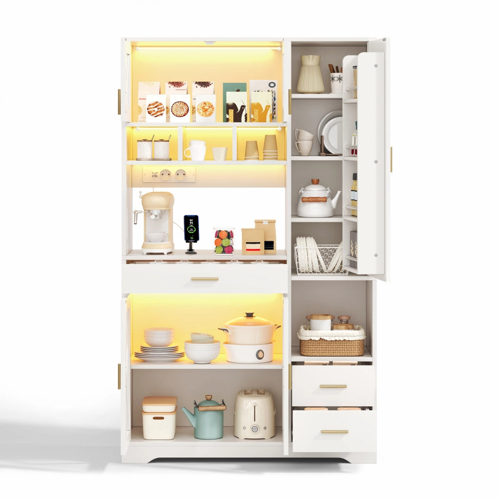 Credenza con LED a colori e prese, ante in vetro e ripiani regolabili, per cucina e soggiorno, bianca 185 × 105 × 40 cm