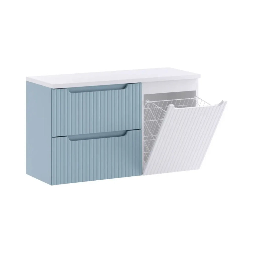 Set VANO blu denim e bianco 100cm: mobile sottolavabo con cassetti e cesto per la biancheria integrato + piano per lavabo
