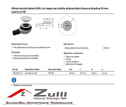 Sifone Doccia Geberit D90 con Tappo per Piletta Altezza della Chiusura