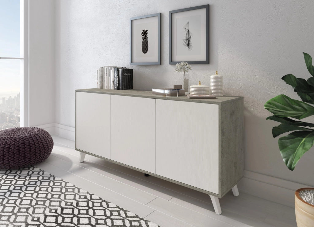 Madia Moderna Credenza 3 Ante Design Minimal Senza Maniglie Con Piedini Rialzati Per Salotto Soggiorno Corridoio Ingresso 154 X 72 X 40 Cm Bianco E Grigio Cemento