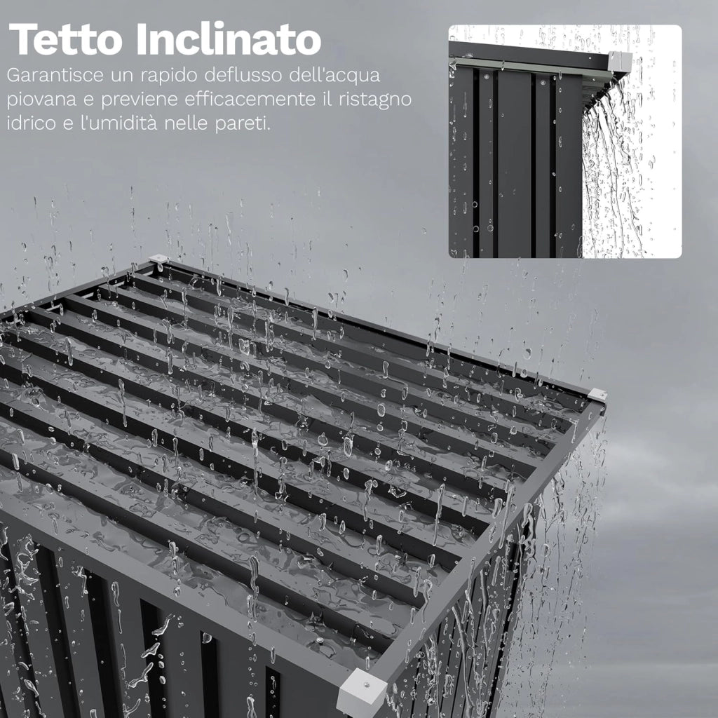 Casetta per attrezzi in metallo, 96 x 98 x 160 cm, con tetto spiovente, forte e antiruggine, con guanti da lavoro, porta girevole bloccabile, piccola casetta da giardino in acciaio per cortile