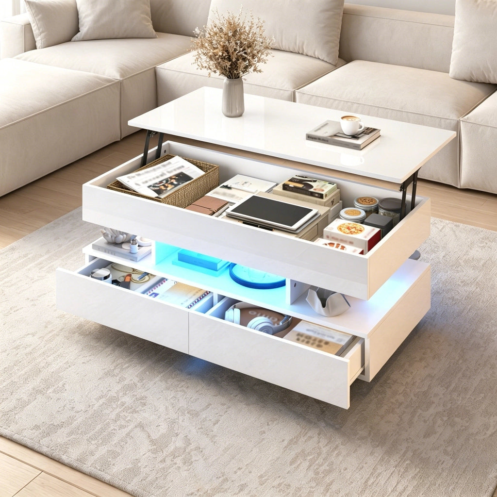 Tavolino lucido, piano regolabile in altezza, illuminazione a LED, 2 cassetti, 100 x 50 x 45 cm, bianco