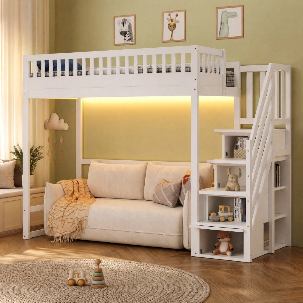 Letto a soppalco 90 x 200 cm con scala contenitore reversibile e LED; bianco