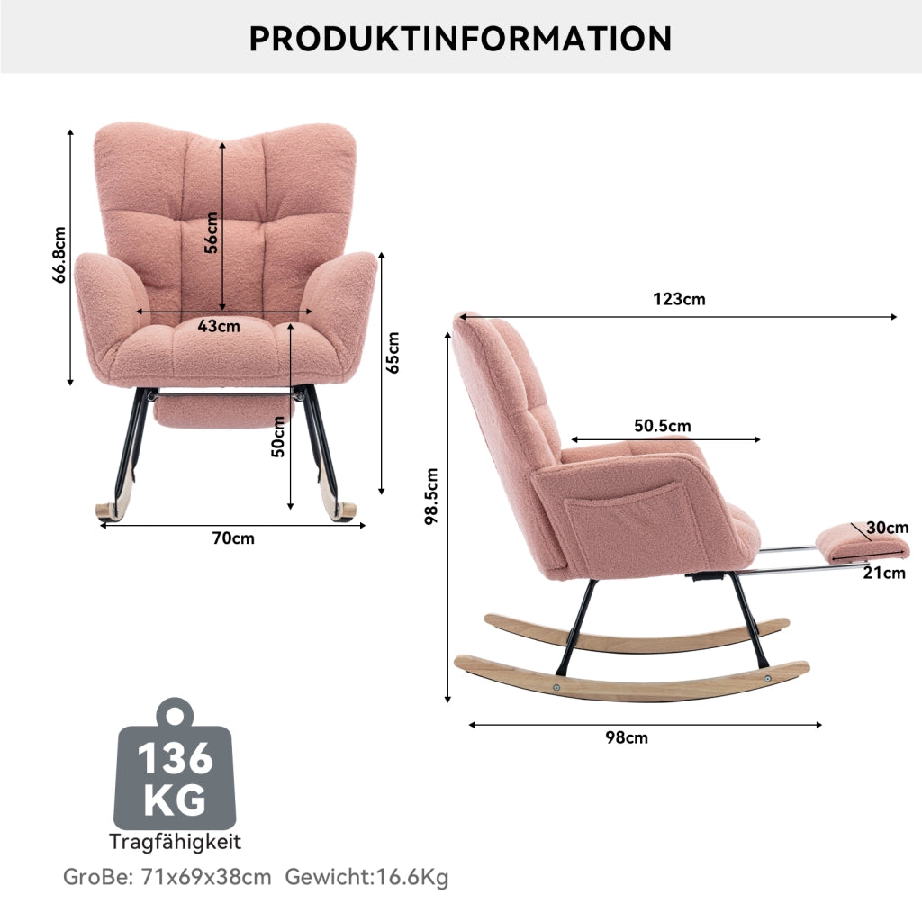 Sedia a Dondolo con Poggiapiedi Pieghevole; Schienale Alto Ergonomico e Braccioli Imbottiti; in Teddy Rosa